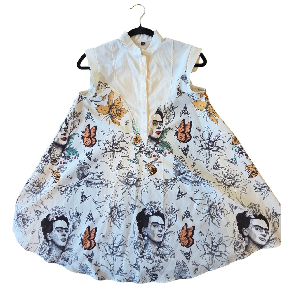 Frida Kahlo Portrait Floral Butterfly Print Mini Dress XS Art to Wear Boho Artsy